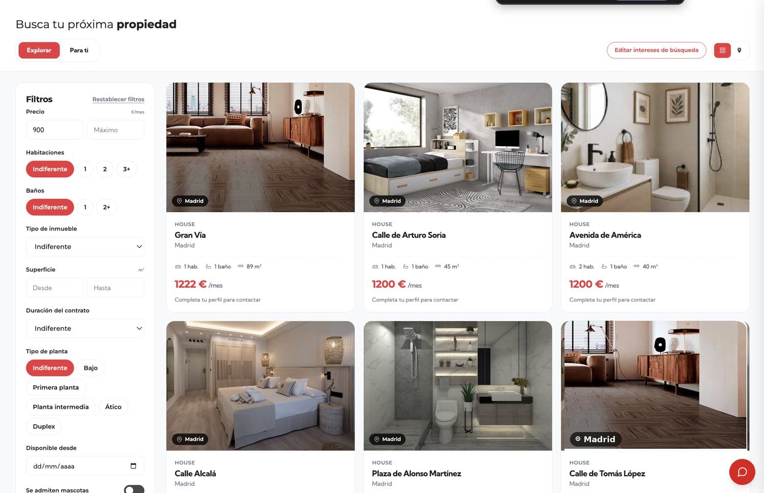 Portal de viviendas de Finaer con el listado de pisos disponibles